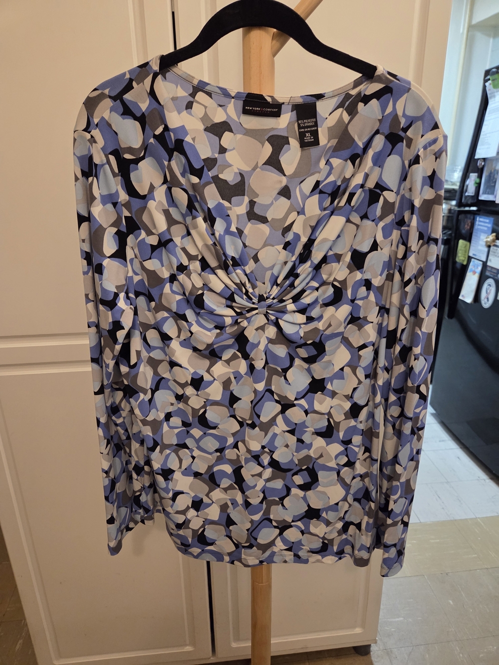 New York & Company Long Sleeve Twist-Front Top - Blue, White, Black